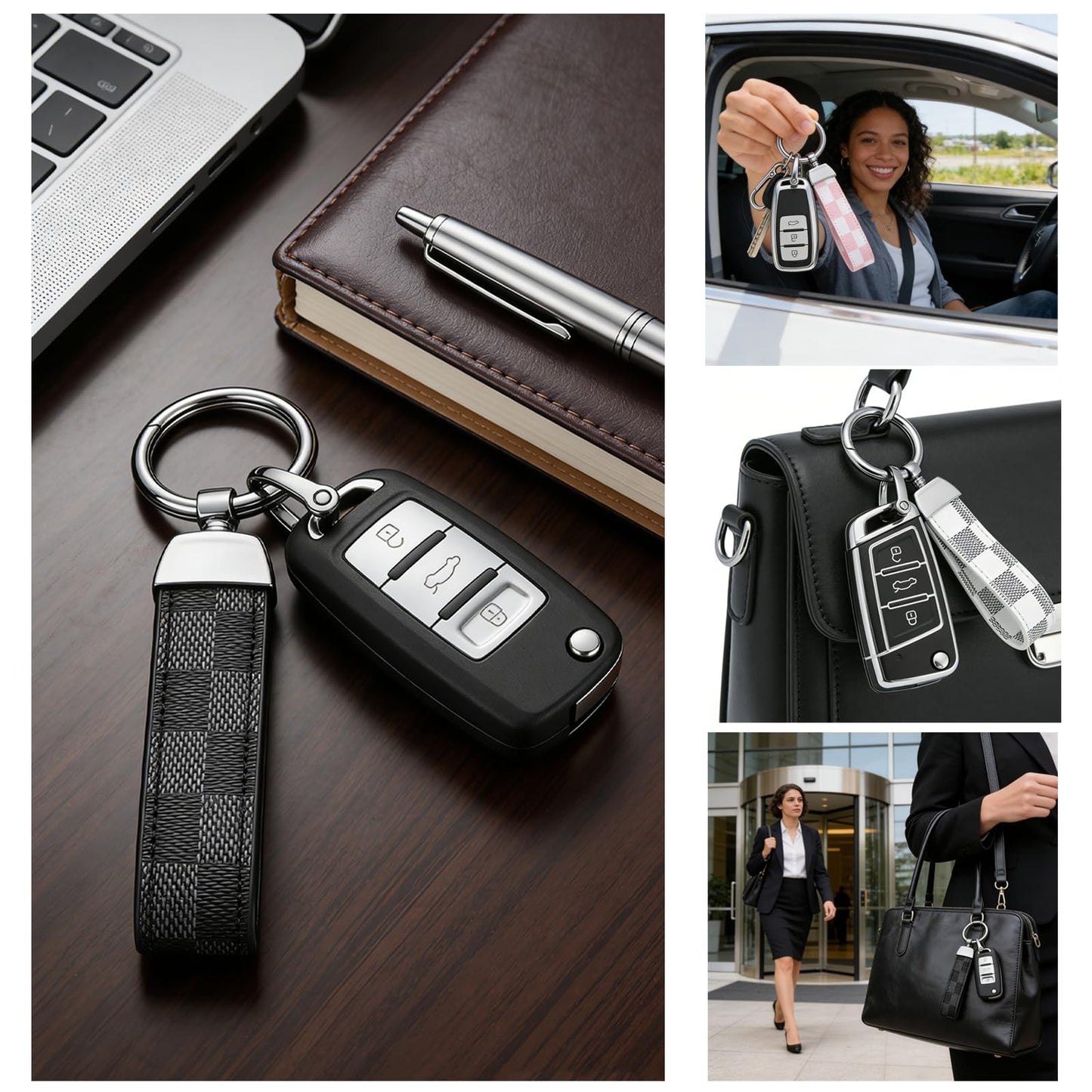 3-Pack Leather Car Keychains – Business Key Fob, Key Ring, Phone Pendant & Bag Charm for Women – Versatile Accessories for Office, Car & Travel – Ideal Gift for Professionals , Black, White & Pink