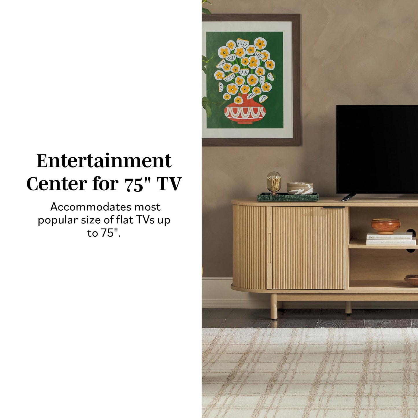 Walker Edison Modern Curved Reeded TV Stand for TVs up to 70 Inches, Credenza with Sliding Doors and Adjustable Shelves, TV Stand with Cord Management Cutout, 70 Inch, Coastal Oak