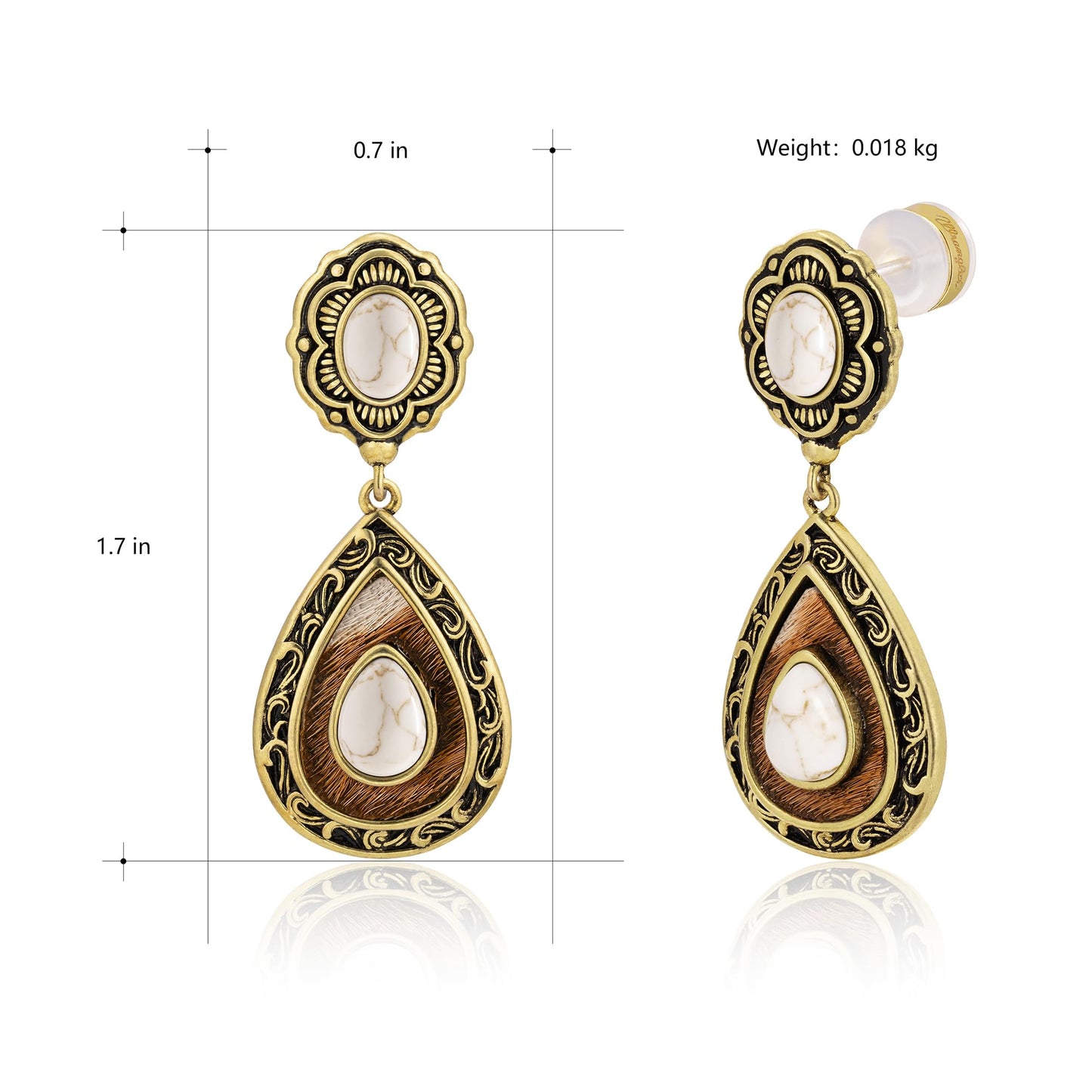 Wrangler Western TearDrop Dangle Earrings for Women Country Statement Genuine Horsehair Turquoise Vintage Cowgirl Cowboy Jewelry (Gold-White)