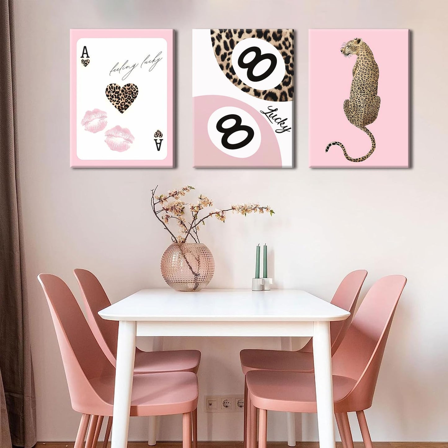 Trendy Leopard Canvas Wall Art Set of 3 - Pink Cheetah Prints Wall Decor Pictures, Funky Lucky You 8 Ball Poster Preppy Aesthetic Paintings, for Girls Bedroom Dorm Apartment 12x16 inch Framed