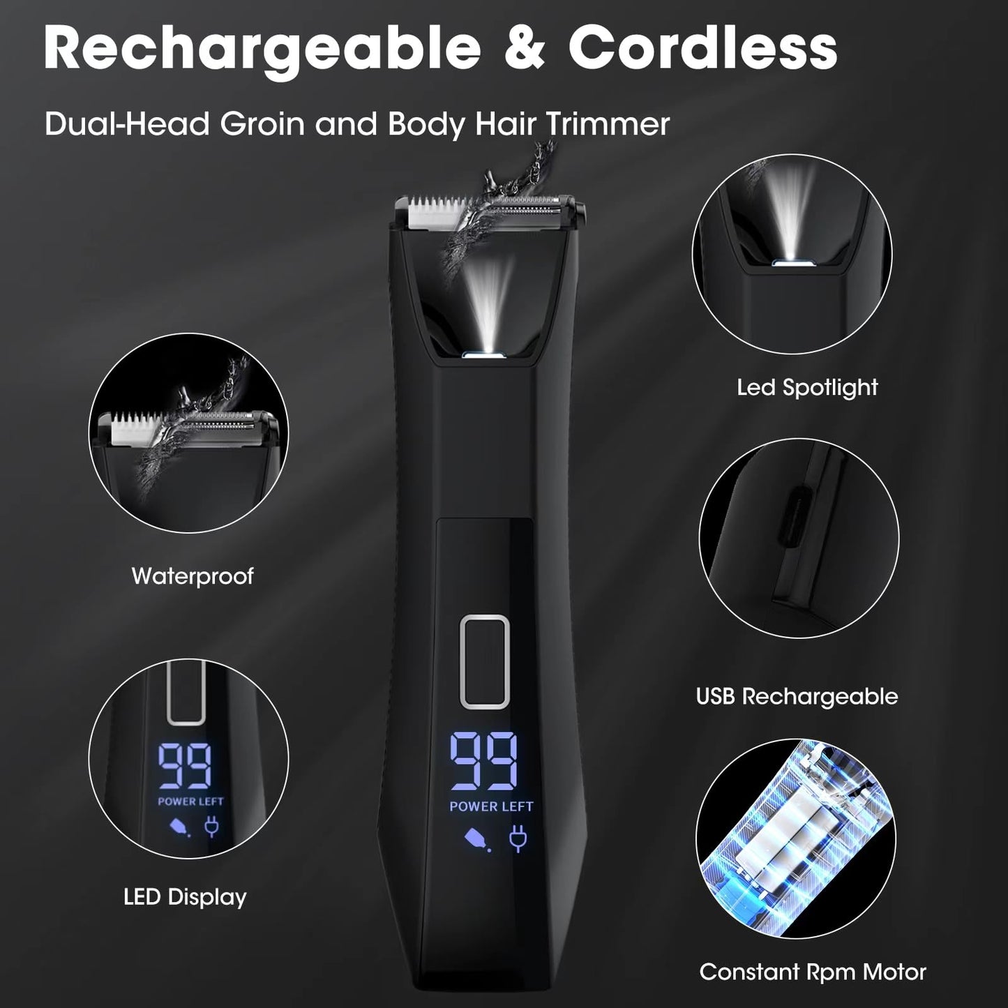 Zesuti 2-in-1 Manscape Trimmer for Men,Body & Groin Hair Trimmers for Men,Bikini Trimmer Women- Wet/Dry Electric Razors for Smooth No-Nick Shaving,IPX7 Waterproof Ball Shaver,LED Display,Black