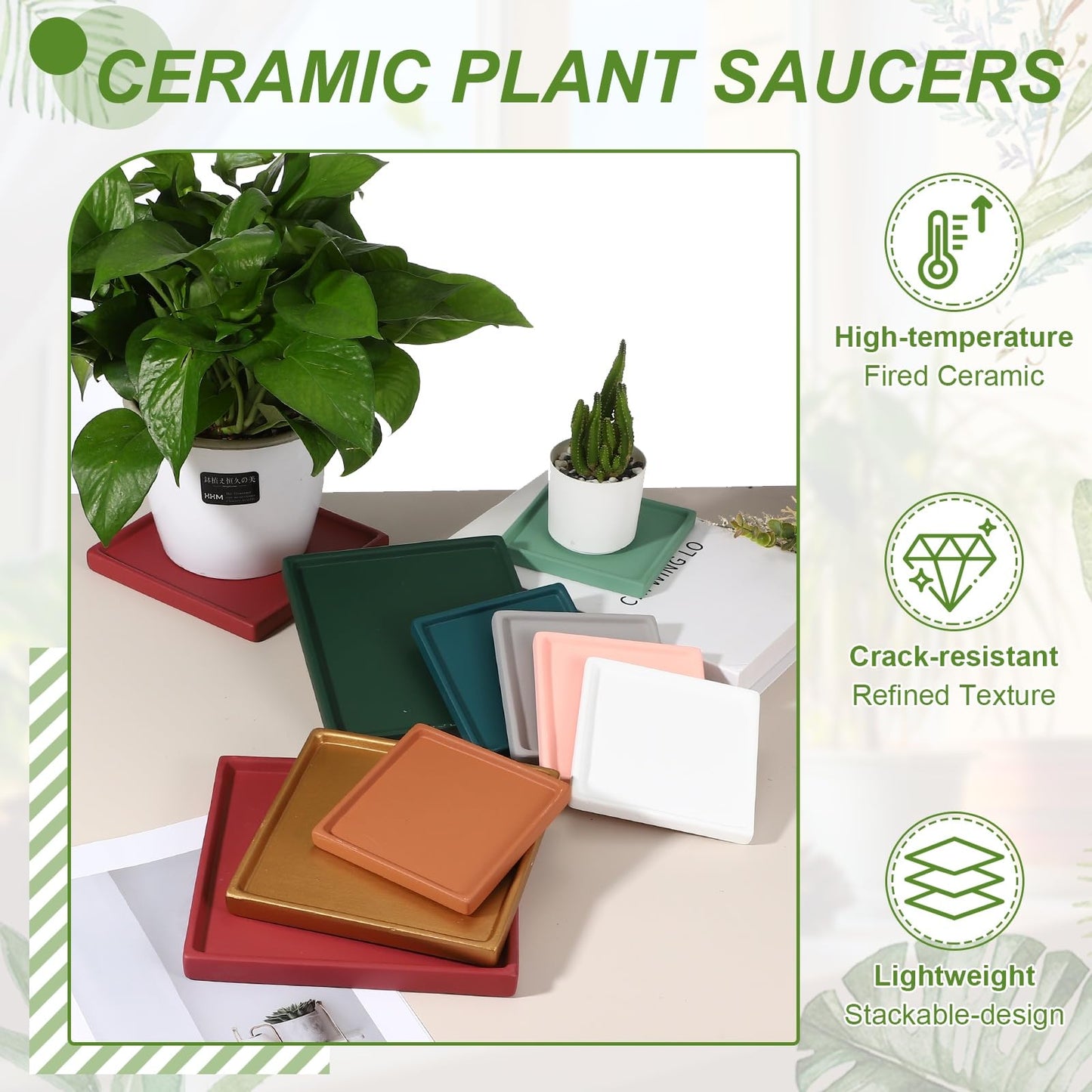 YELARXI 7.5 Inch Ceramic Plant Saucers, Square Flower Planter Water Trays Ceramic Plant Saucer Pot Tray -Fitting for (Outdoor/Indoors/Garden/Planting/Water/Flower/Coffee) Beige