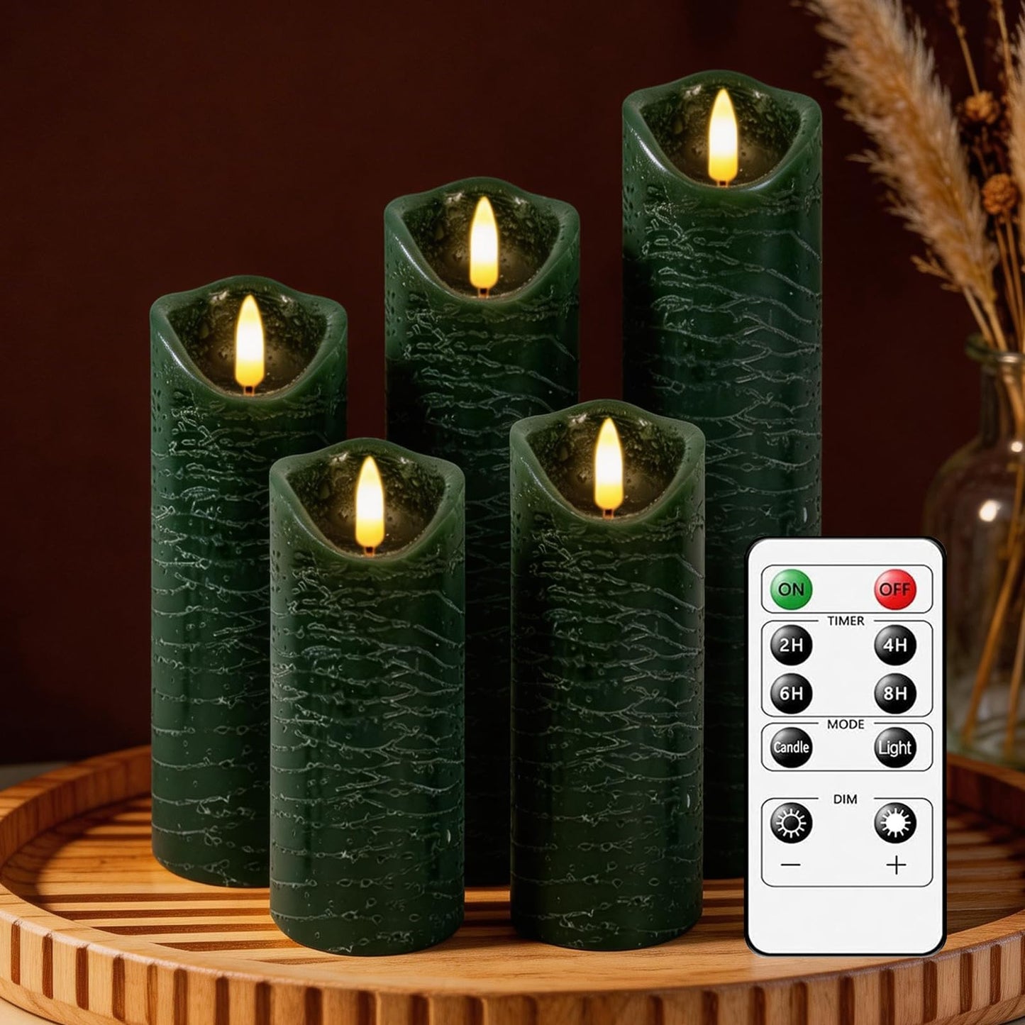 MiKoyi Flameless Pillar Candles with Remote, Battery Operated Candles Real Wax, [5-Pack] Fake LED Flickering flameless Candle with Timer Function for Room Home Decor (2.2" * 5/5.5/6/7/8"") - Green"