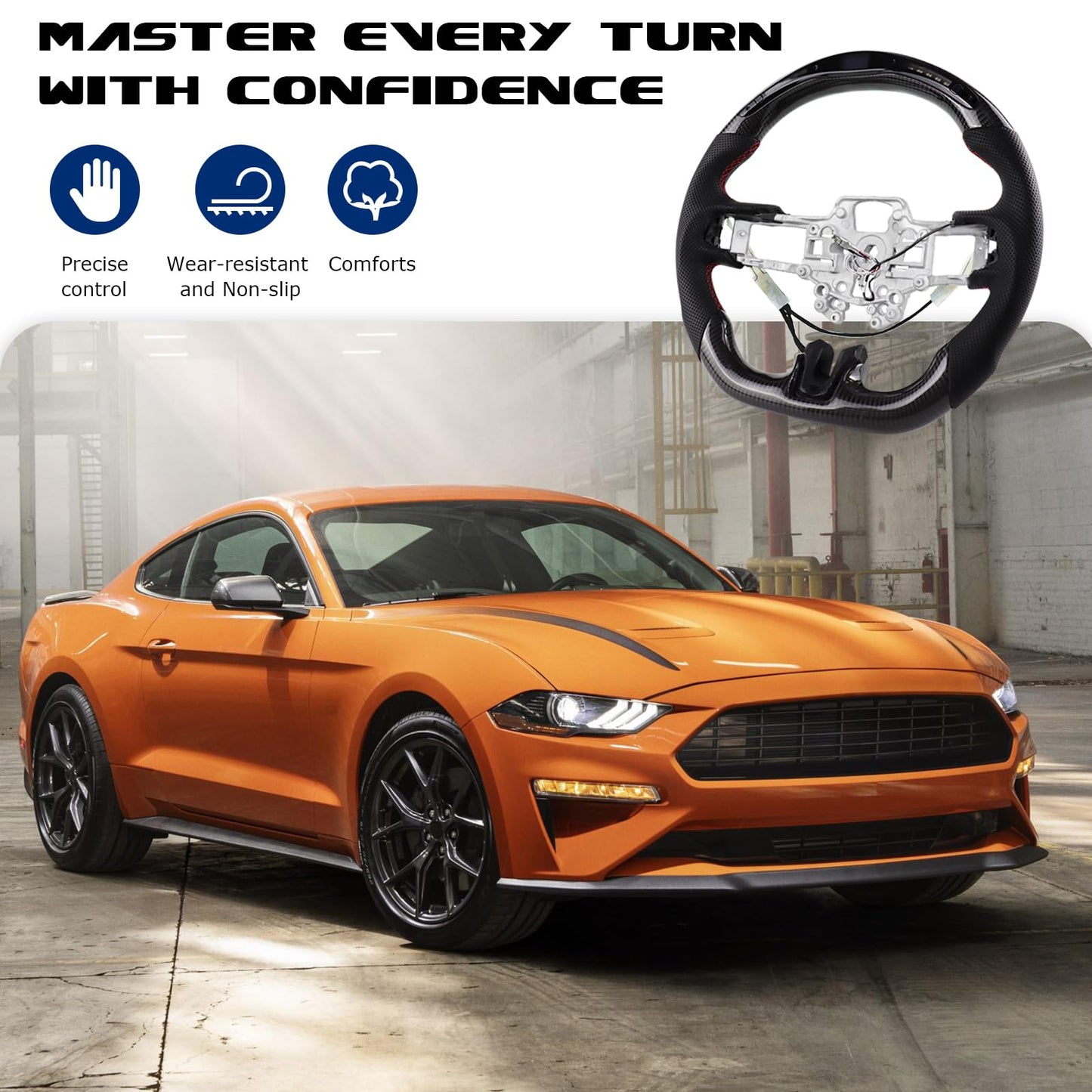 VOONKE Real Carbon Fiber Steering Wheel D-shaped With stitching Led Nappa Perforated Leather Flat-bottom Steering Wheel With heating function For Mustang EcoBoost/GT/Shelby GT350/GT350R 2018-2023
