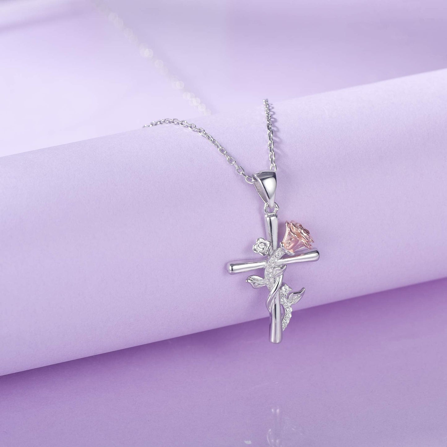 Distance Cross Necklace for Women 925 Sterling Silver Rose Pendant Jewelry Necklace for Mom Wife Gift for Mother's Day Birthday