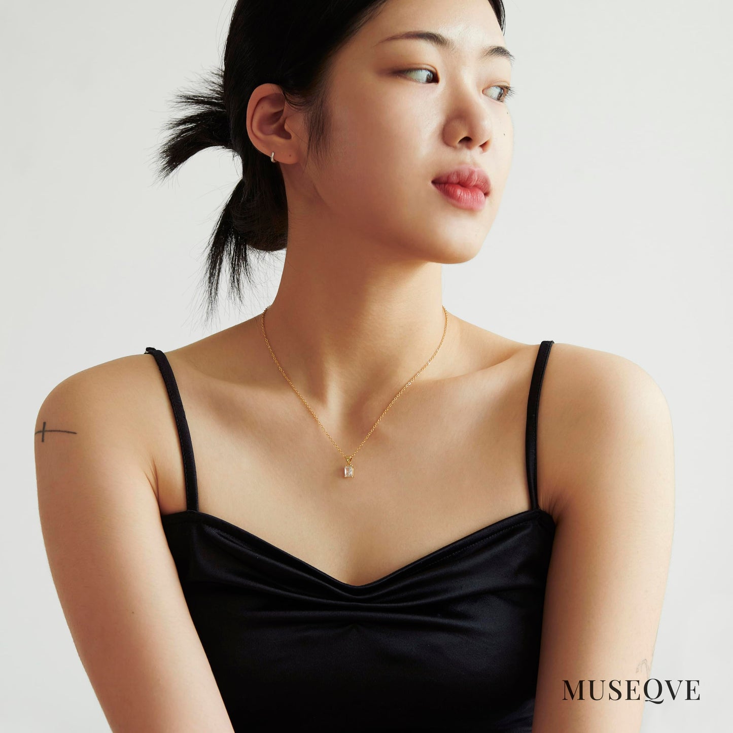 MUSEQVE 14K Gold Plated CZ Crystal Solitaire Necklace for Women • Emerald Cut Rectangle Cubic Zirconia Diamond Pendant Jewelry • Tarnish Free Adjustable Chain [CZN-RT-G]