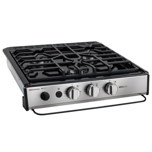 RecPro Suburban RV 3 Burner Propane Gas Cooktop | Slide-In Black Triple Burner Stove | 9000 BTU Front Burner, Dual 6500 BTU Rear Burners | Piezo Ignition | 12V DC