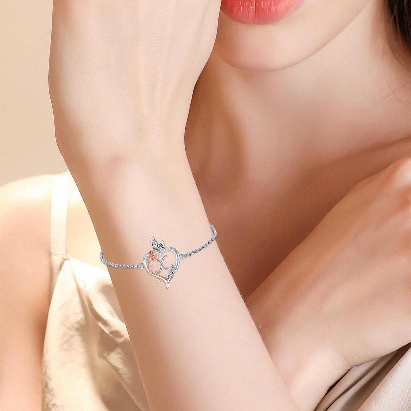 TOUPOP Rose Heart Bracelet for Women Sterling Silver Heart Initial X Letter Bracelet Butterfly Love Jewelry Anniversary Birthday Mothers Day Gifts for Mom Wife Her Girlfriend