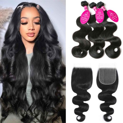 12A Human Hair Bundles 3 Bundles with Closure 16 18 20+14 Inch Brazilian Body Wave Bundles with 4x4 HD Lace Closure 100% Unprocessed Virgin Quick Weave Natural Black
