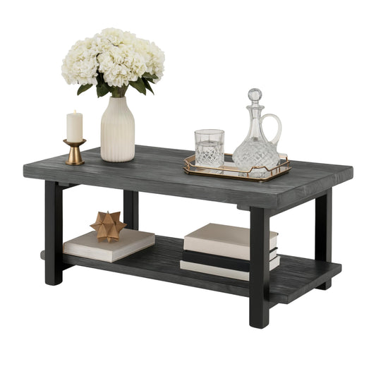 Alaterre Furniture Pomona Living Room 42 Inch Rectangular Solid Wood Coffee Table with Storage Shelf & Metal Legs – Modern Rustic Industrial Living Room Table (Slate Grey)