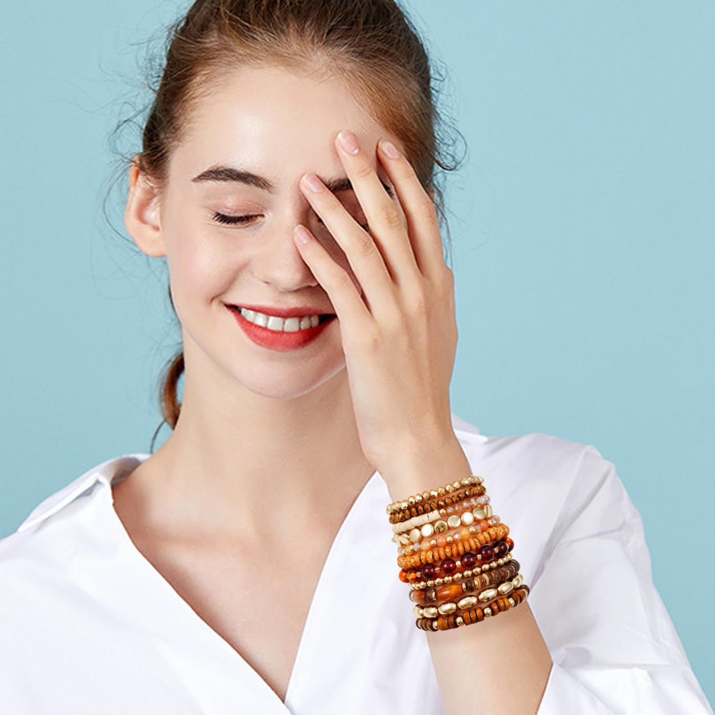 GOOJIDS Surfer Heishi Clay Bead Bracelets for Women Bohemian Stackable Gold Plated Beaded Stretch Bracelets Elastic Layering Friendship Bracelets Set Boho Jewelry
