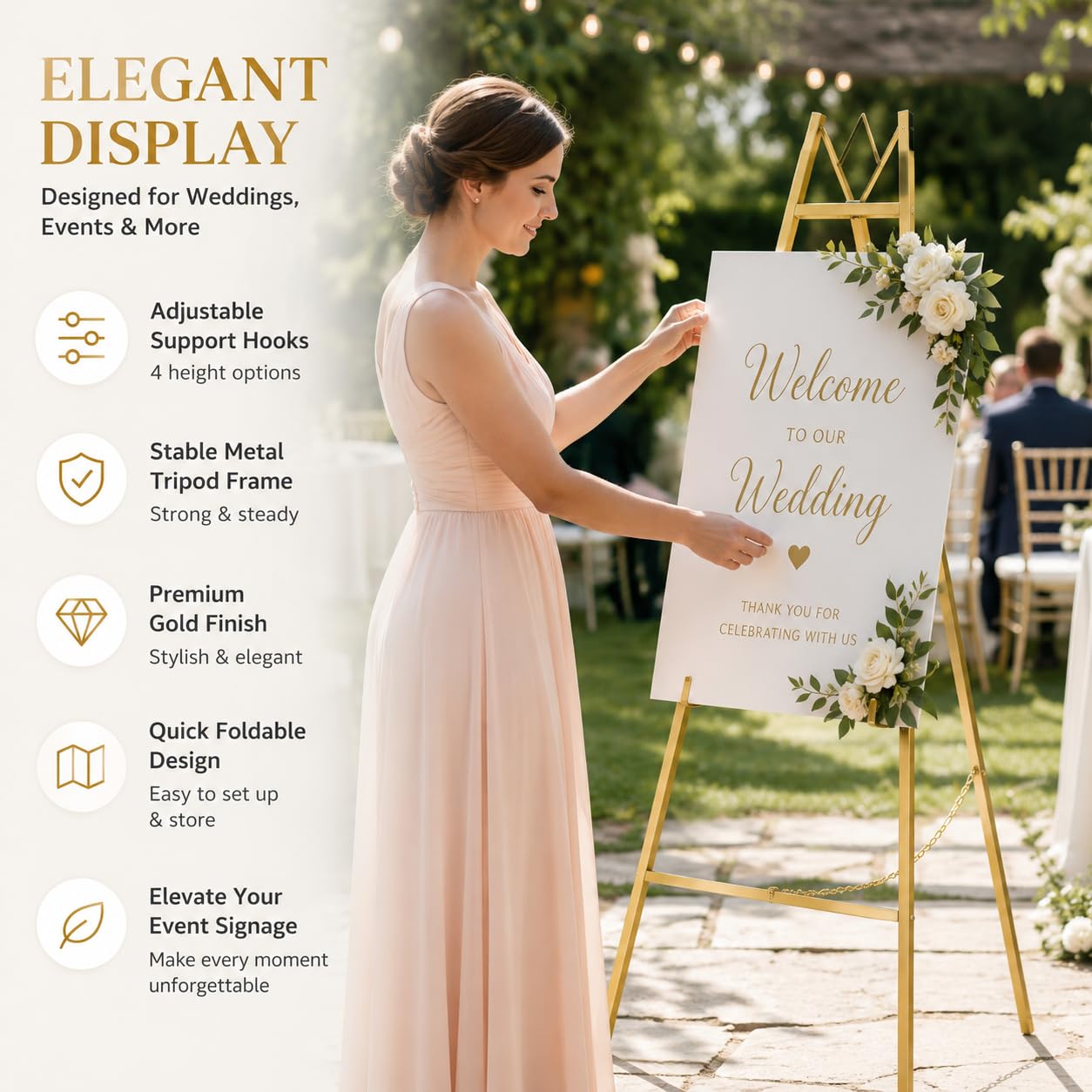 57.5" Gold Easel Stand for Wedding Sign, Heavy Duty Metal Display Stand, 4-Tier Height Adjustable Easel for Art, Paintings, Welcome Signs, Posters, and Décor, Simply Assembly Required
