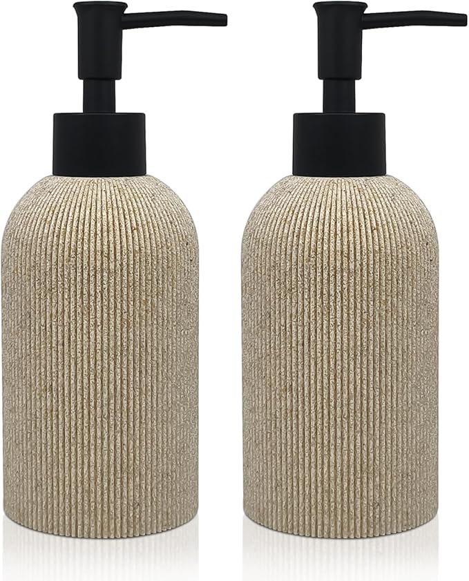 Hand Soap Dispenser for Bathroom and Kitchen Countertop, 10 oz Resin Soap and Lotion Dispensers Set with Plastic Rust Proof Pump, Boho Refillable Liquid Dish Soap Dispensers Bottle,Beige