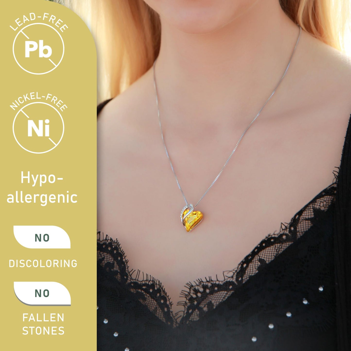 Leafael Gift Necklaces for Women, Infinity Love Birthstone Heart Pendant, Citrine Yellow Crystal for November, Birthday Jewelry for Her, Mom, and Wife, Silver Plated, 18" + 2" Chain