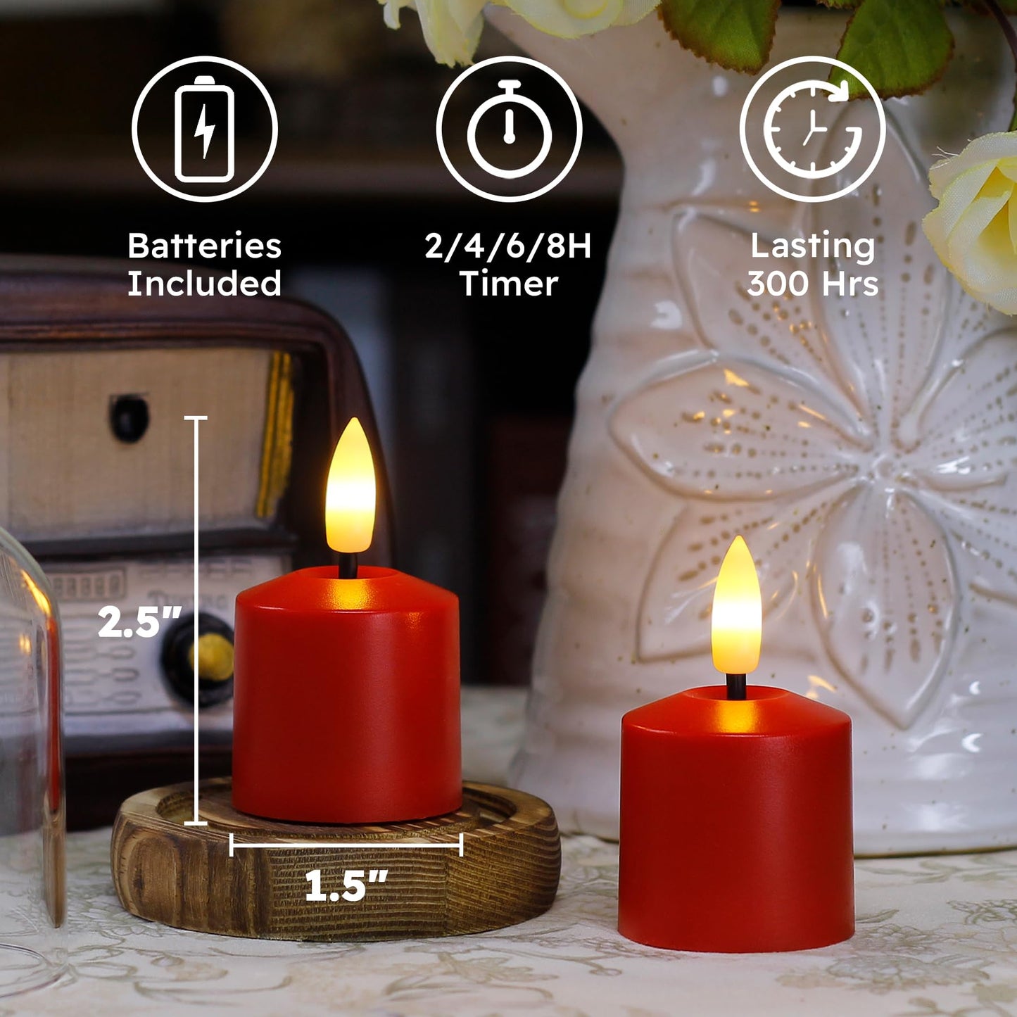 Mavandes Small Flickering Tea Light Flameless Candles with Battery and Remote,1.5" x2.5"" Red LED 2/4/6/8H Timer Votive Battery Operated Pillar Plastic Long Lasting 6pcs Tealight Candles"