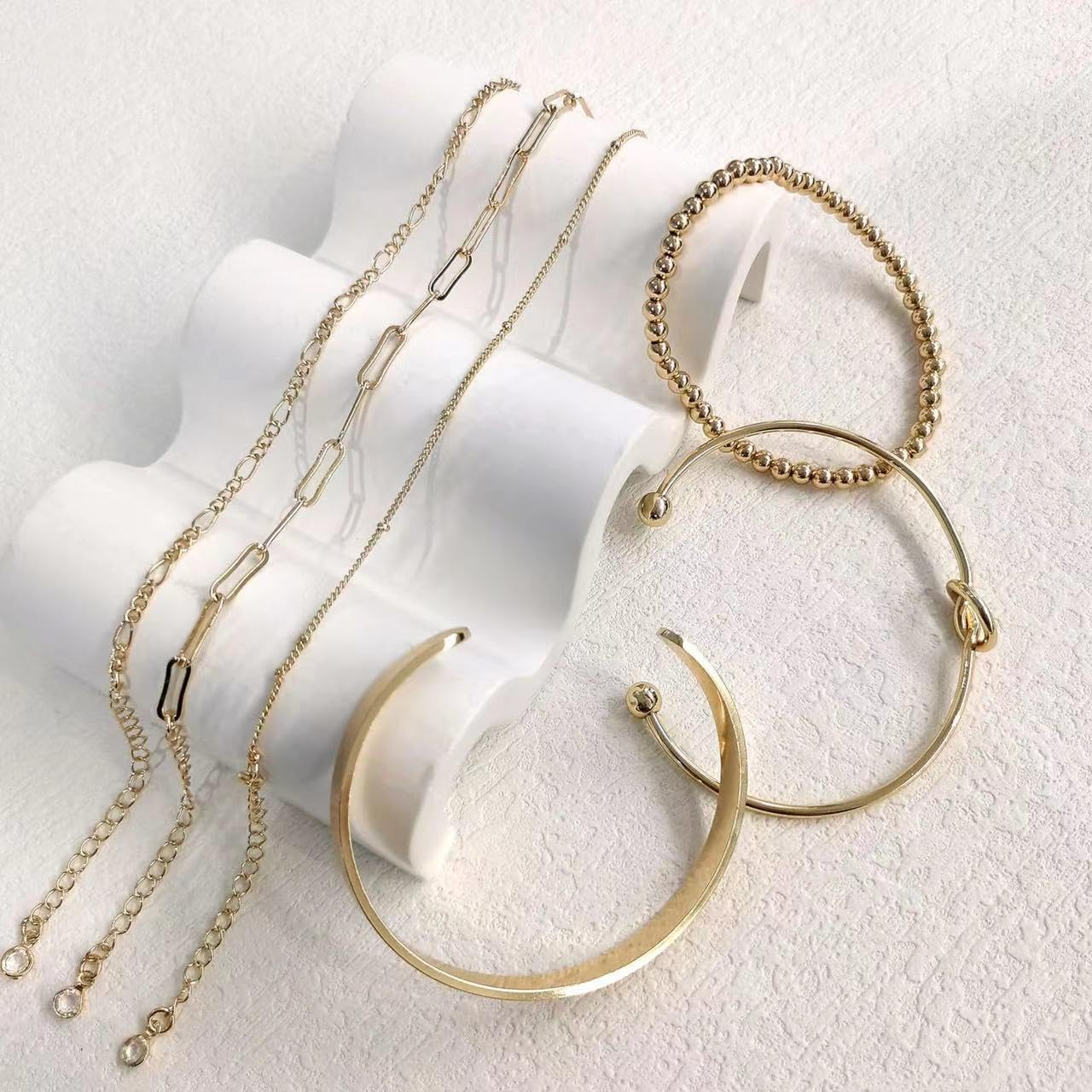 Gold Bracelets for Women, Exquisite 18K and 14K Real Gold-Plated Bracelet Stacking Sets, Waterproof Cuban Chains, Paperclip Chain , Cuff Bangles, Non Tarnish,Jewelry Gifts for Women (14K gold 5set)