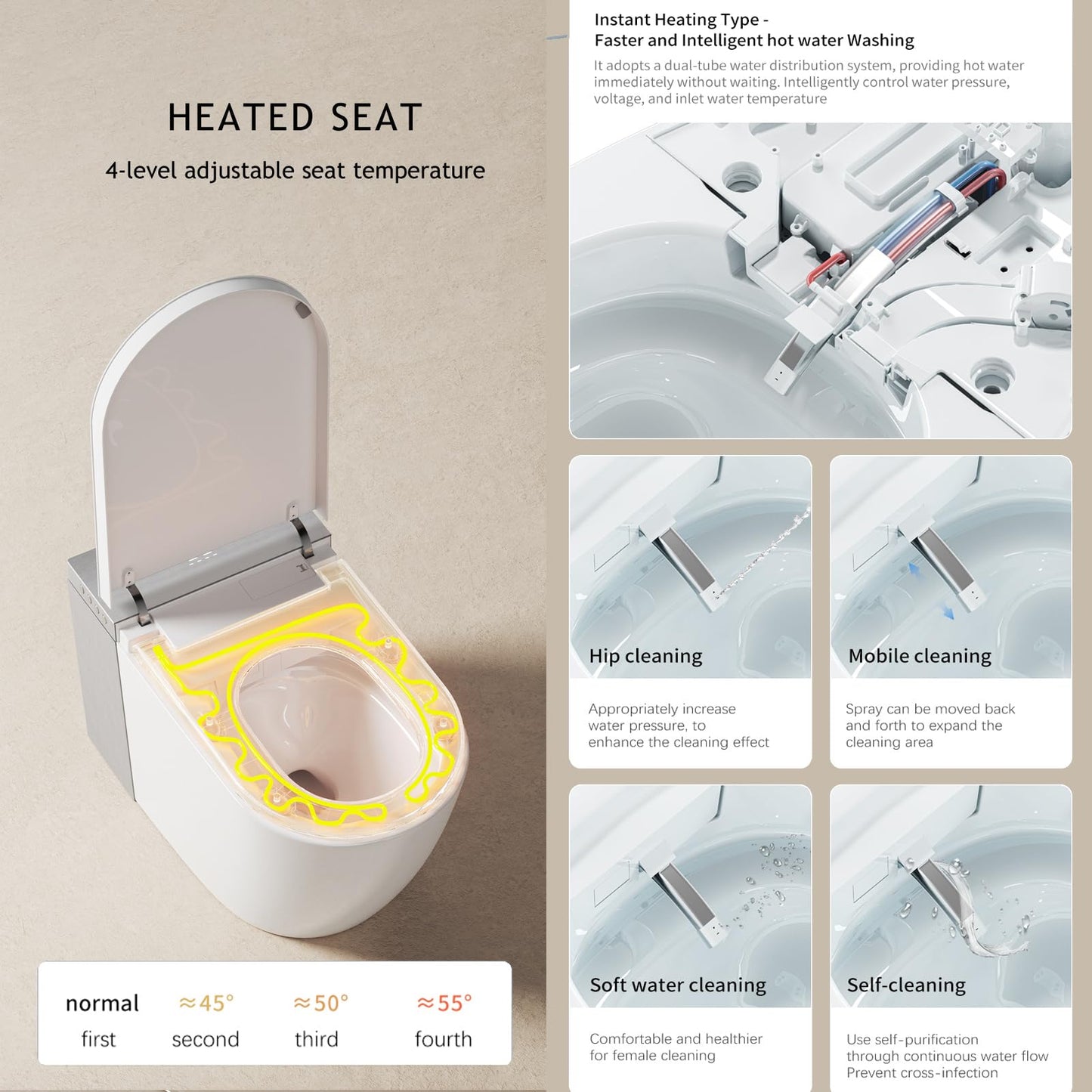 BONSAM Smart Toilet with Auto Open/Close Lid, Modern Tankless Toilet with Bidet Built In, One Piece Toilet with Auto Deodorization, Foot Sensor Operation, Remote Control