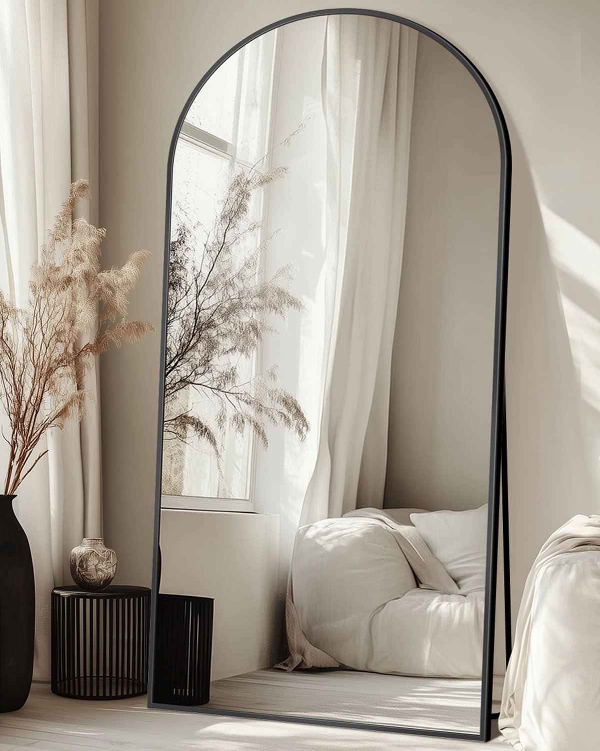 Full Length Mirror with Stand, 58"x18" Arched Full Body Mirror, Large Stand Up Aluminum Frame Floor Freestanding Hanging Leaning Mounted for Bedroom Living Room Entryway Black