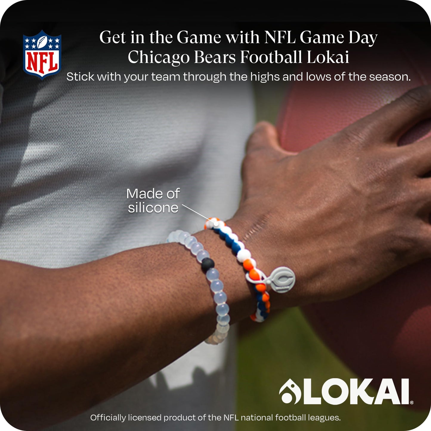 Lokai Silicone Beaded Bracelet for Men & Women, NFL Football Collection - Chicago Bears, Large - Silicone Jewelry Fashion Bracelet Slides-On for Comfortable Fit