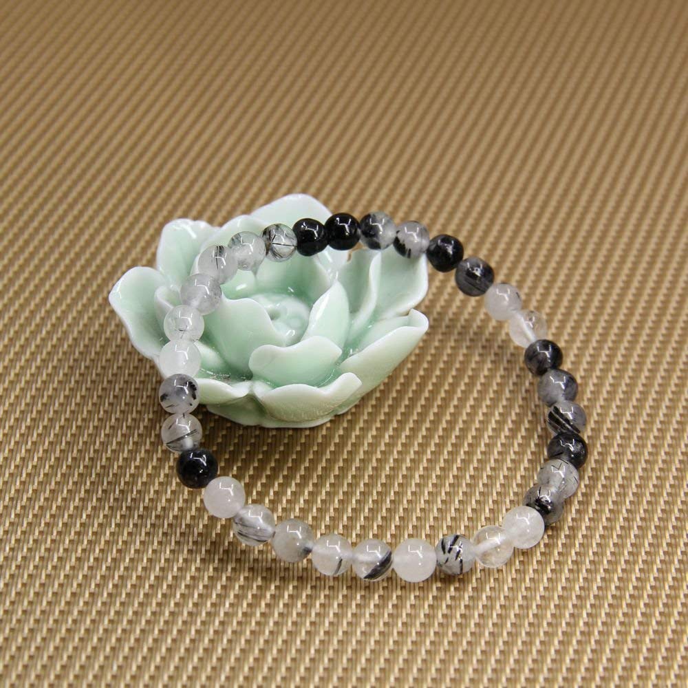 Angelstones Handmade Natural Black Rutilated Quartz Healing Gemstone 6mm Round Beads Stretch Crystal Bracelet 7 Inch Unisex