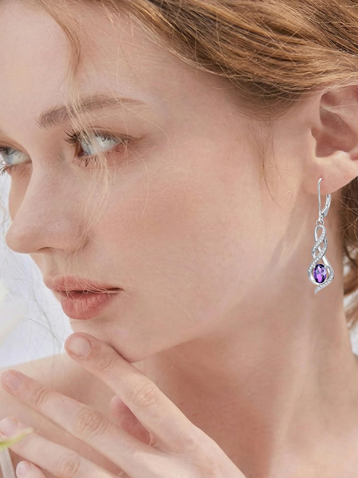 POIUY Amethyst February Birthstone Infinity Leverback Dangle Earrings Hypoallergenic Drop Earrings Love Jewelry Anniversary Christmas Wedding Gift for Mom Wife Sister Daughter Girlfriend