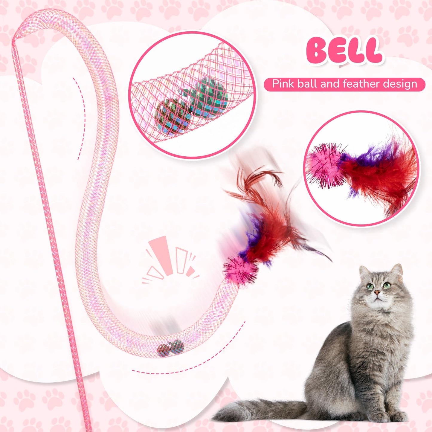 Leitee 101 Pcs Cat Interactive Toys Set with 1 Cat Paw Gift Storage Bags Feather Teaser Wand Springs Mice Fish Crinkle Balls Bell Balls Pillow, Puzzle Toys for Cats Gift Indoor (Pink)