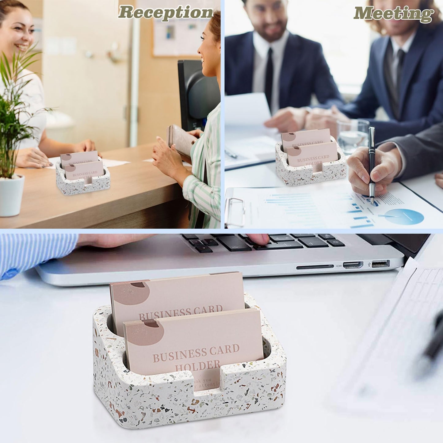 Hipiwe Business Card Holder Stand for Desk, 2 Slots Terrazzo Business Name Card Display Stand for Women Men Desktop Concrete Business Card Organizer for Office, Fits for 100 Business Cards