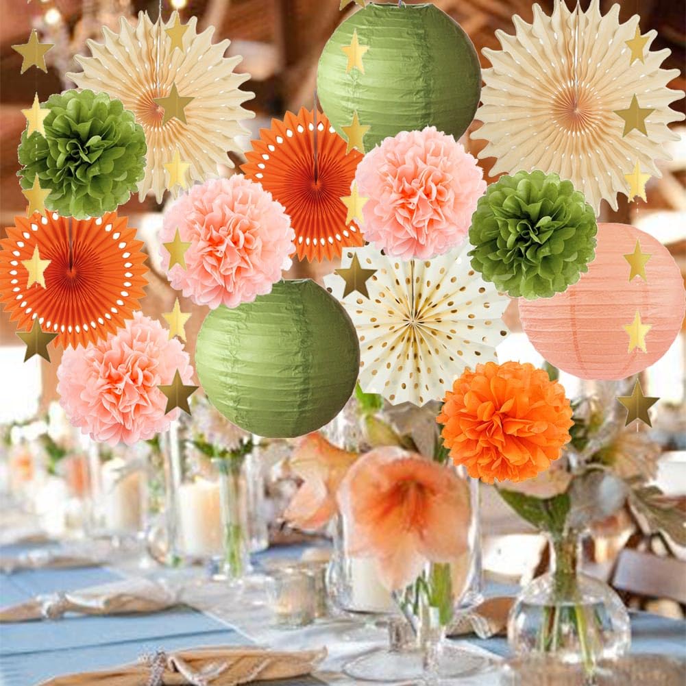 Olive Green and Orange Party Decorations Olive Birthday Party Decorations Peach and Orange Poms Lanterns Beige Fans Decor for Green and Peach Baby Shower Bridal Shower Rustic Wedding Party