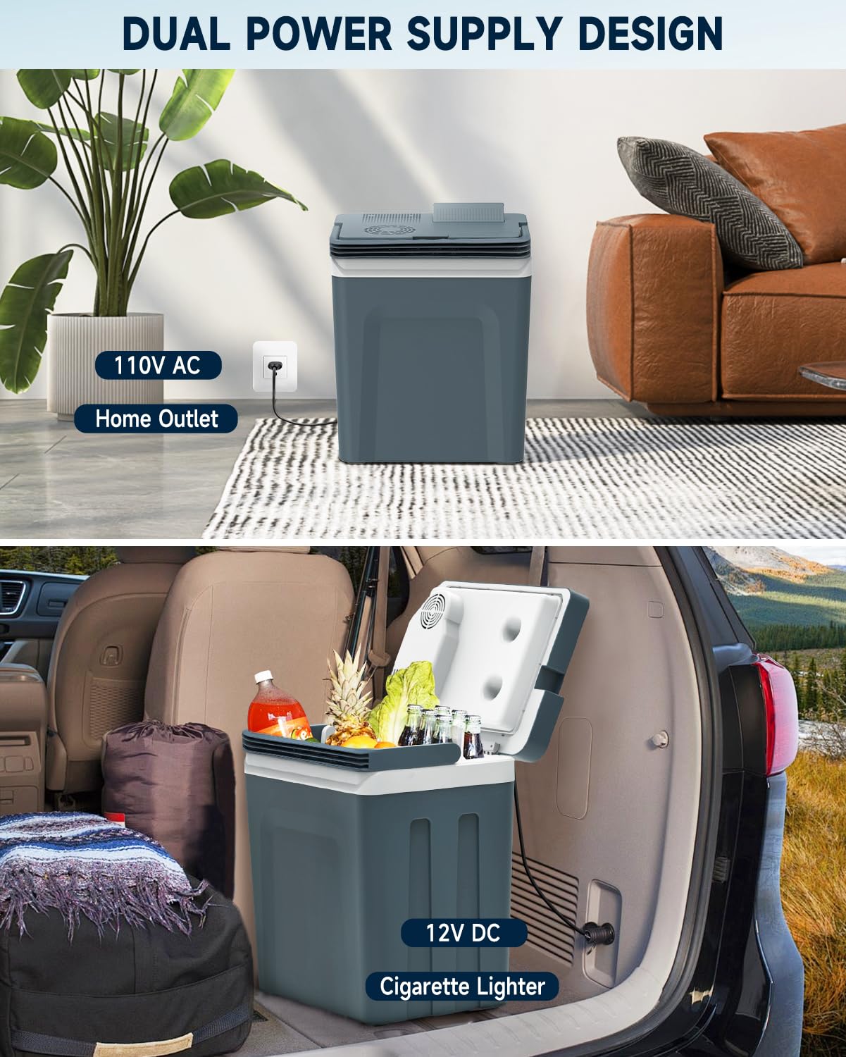 SubSun Electric Cooler and Warmer with Handle，32Quart (30 L) Portable Thermoelectric Fridge， Car Fridge Cooler with 12V DC & 110 AC for Camping, Travel & Picnics,Grey