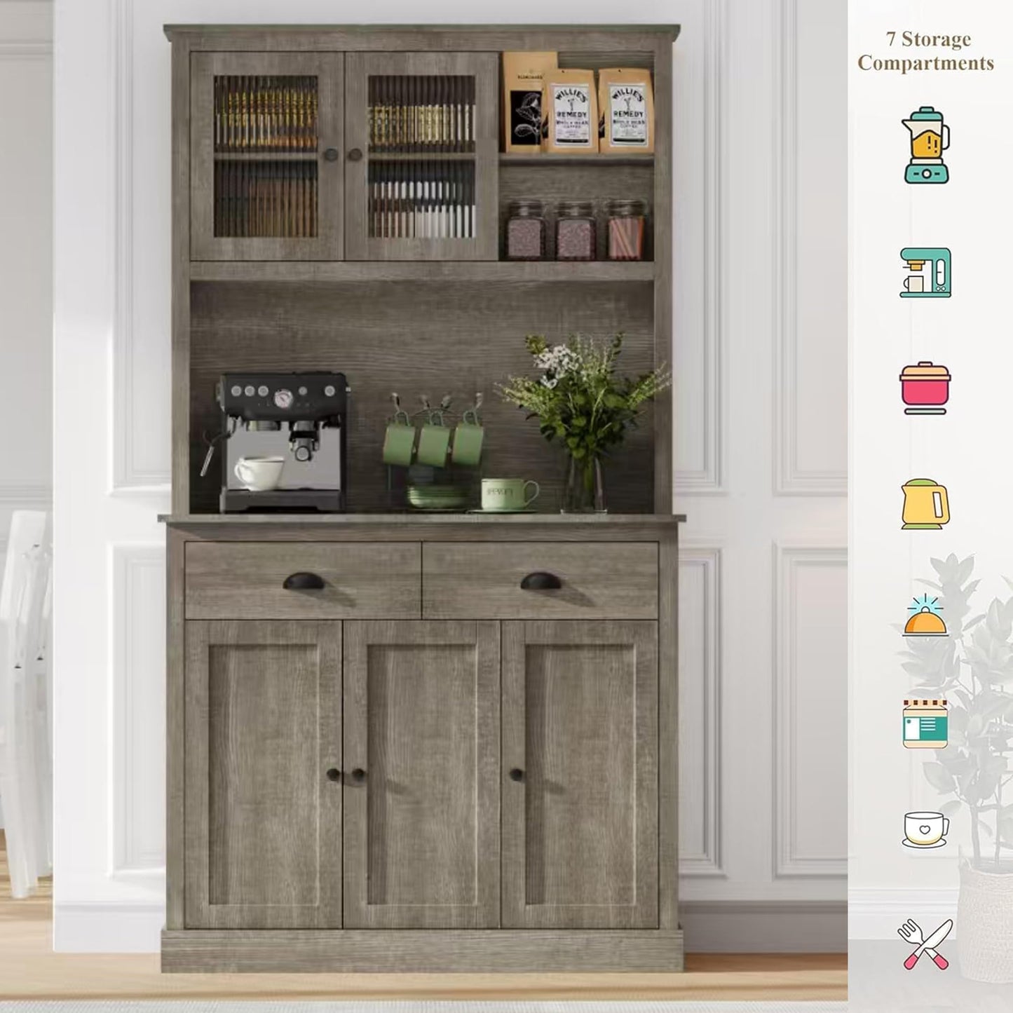 GarveeHome Pantry Cabinet with Drawers and Adjustable Shelves, 71" Tall Freestanding Kitchen Cabinet with Microwave Stand, Kitchen Hutch for Dining Room, Rustic Grey