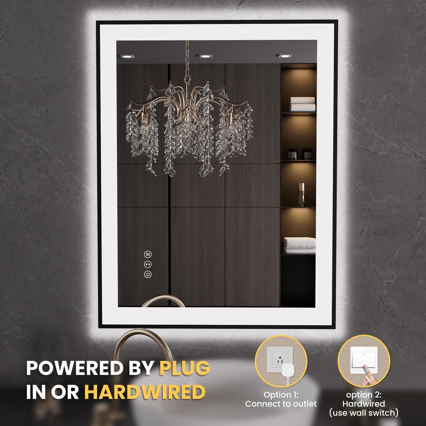 LOAAO 28"X36" LED Bathroom Mirror Black Framed, Anti-Fog, Dimmable, Lighted Bathroom Vanity Mirror for Wall, Memory Function, Tempered Glass