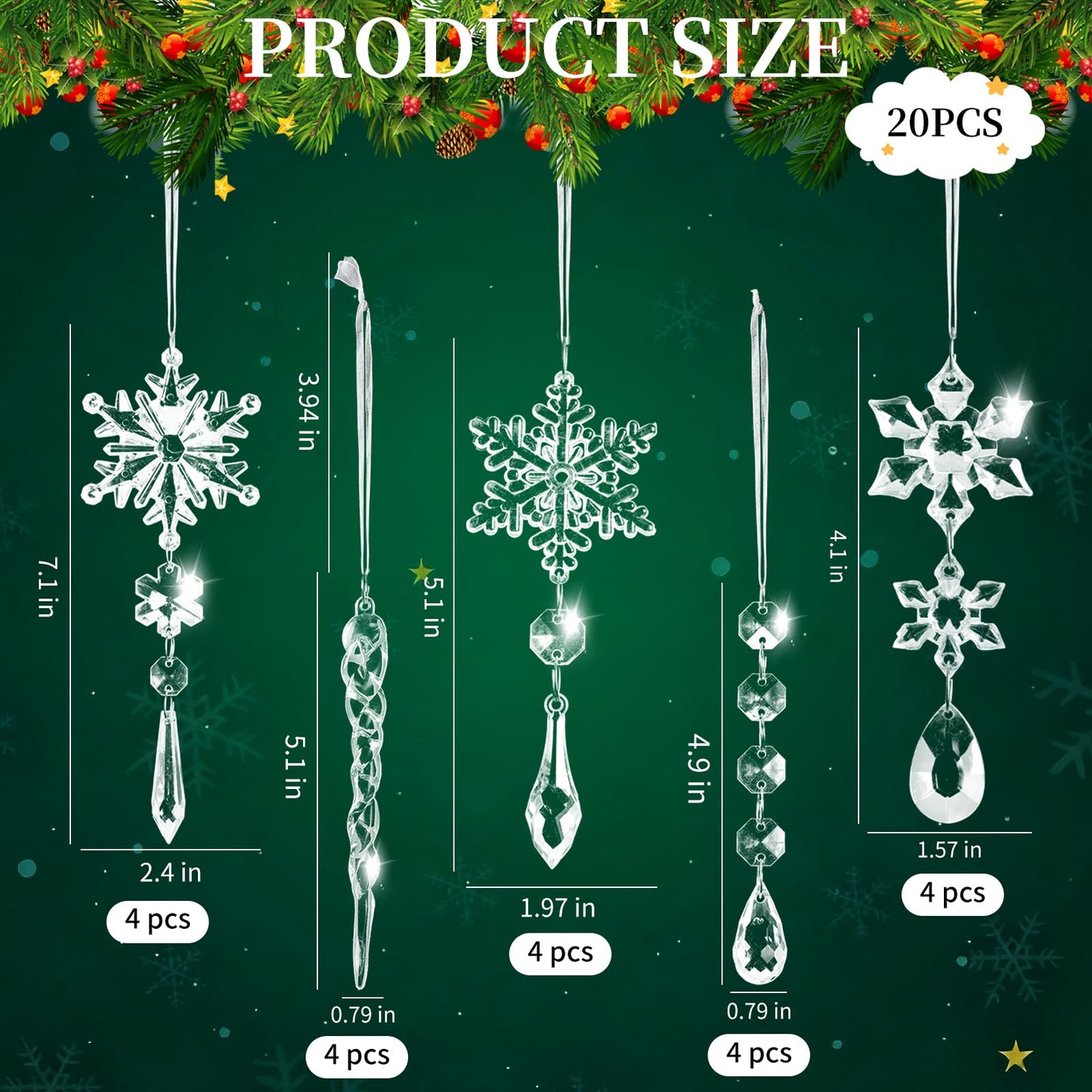 20pcs Christmas Ornaments Christmas Tree Decorations Hanging Acrylic Snowflake Icicle Crystal Ornaments with Drop Pendarts for Christmas Decorations Indoor Xmas Tree Winter New Year Party Supplies
