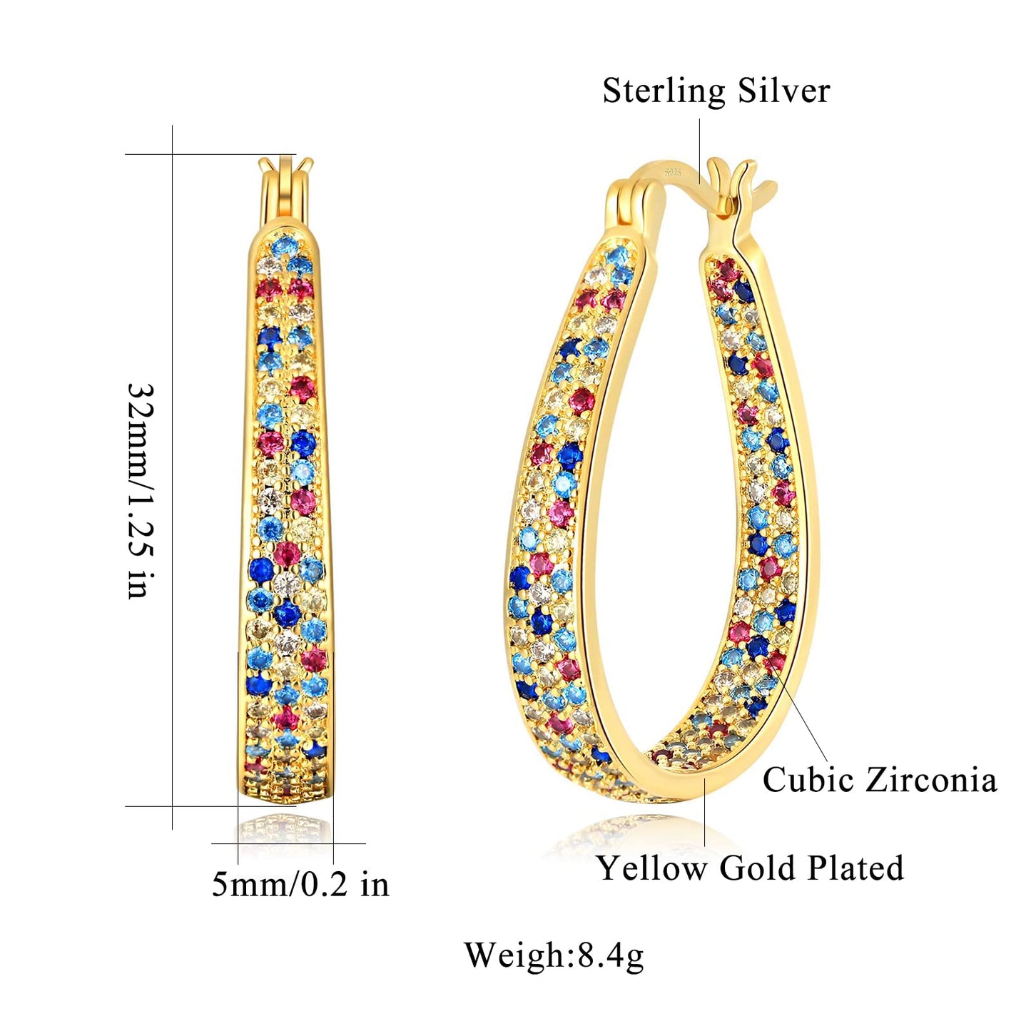 CiNily 925 Sterling Silver Post Hoop Earrings for Women Rainbow Cubic Zirconia Hoop Earrings 14K Gold Plated Oval Hoops Chunky Gemstone Earrings Jewelry