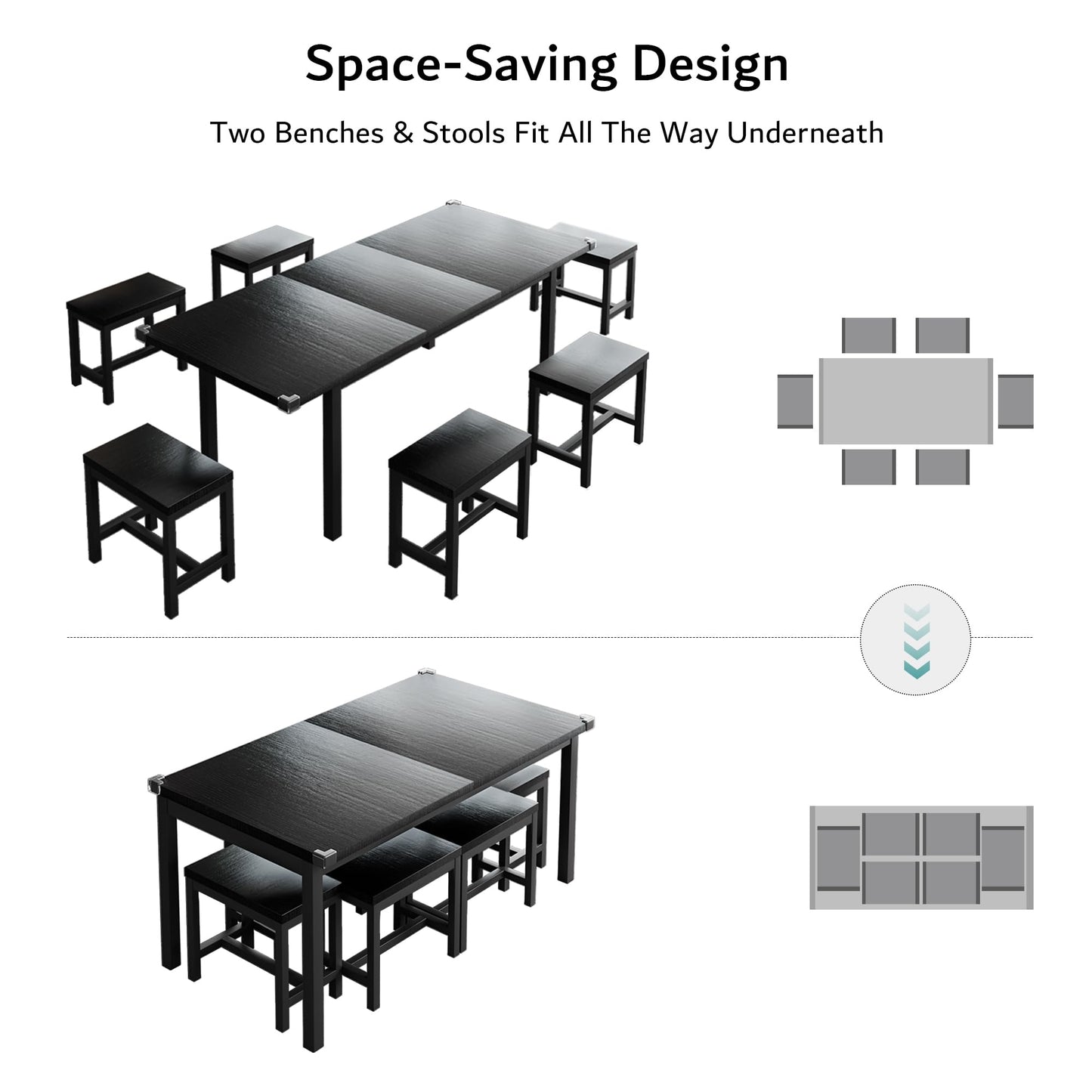 iPormis 7-Piece Extendable Dining Table Set with 6 Stools, 63" Kitchen Table Set for 4-8, Modern Dining Room Table with Sturdy Metal Frame, Space-Saving Dinette, Black