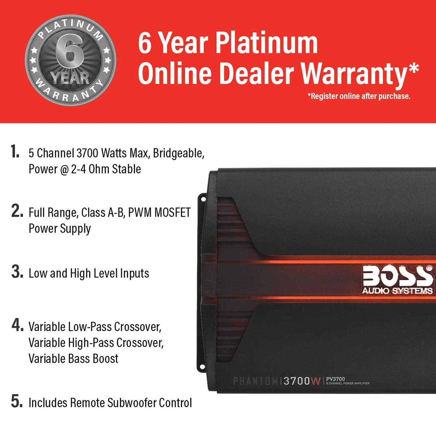 BOSS Audio Systems PV3700 5 Channel Car Stereo Amplifier – 3700 High Output, 5 Channel, 2/4 Ohm Stable, Low/High Level Inputs, High/Low Pass Crossover, Full Range, Bridgeable, for Subwoofer
