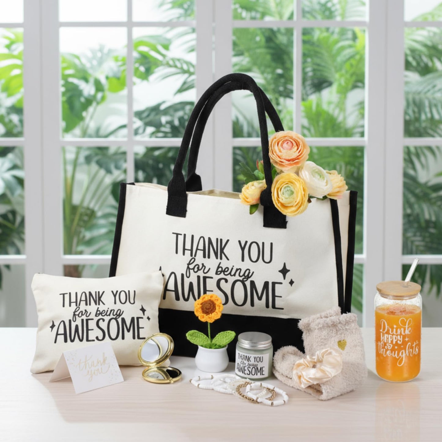 Zopeal 10 Pcs Mother Appreciation Gifts Thank You Gifts Set for Women with Canvas Tote Bag Candle Glass Tumbler Socks Bracelet Makeup Bag for Mother Friend Coworker Teacher Employee Birthday Gift