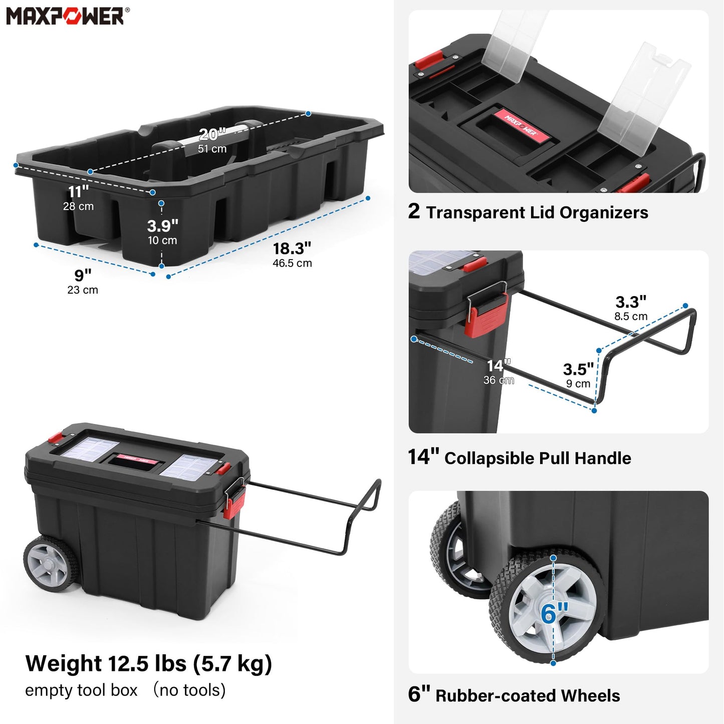 MAXPOWER Rolling Tool Box with Wheel, 8 Gallon Storage Capacity Deep Tool Box, Lockable Latches, Removable Tray, Black Toolbox