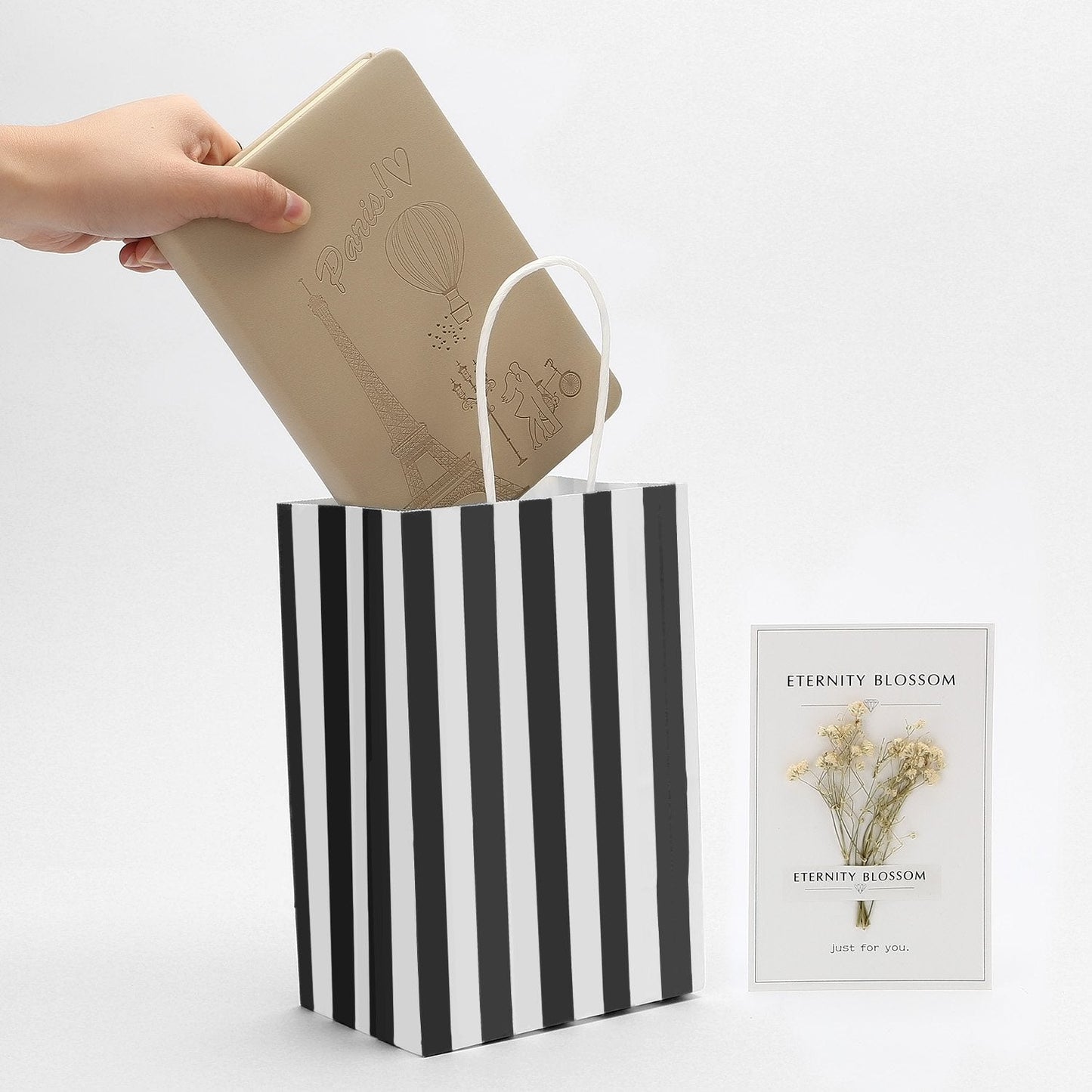 Ronvir 50Pcs Small Gift Bags, 5.25x3.25x8 Inches Black & White Striped Recycled Kraft Paper Bag with Handles Bulk for Christmas, Party Favors, Shopping, Goodie, Birthday, Retail, Halloween,Business,Gift Wrapping