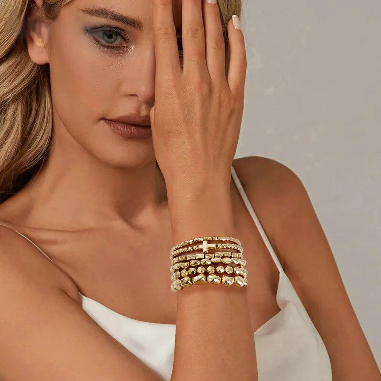 Sajidos Gold Plated Beaded Bracelets for Women Trendy, 14K Gold Plated Stack Cross Pearl Bead Stretch Bracelets Set Elastic Hypoallergenic Bracelets Jewelry Gifts (style15)