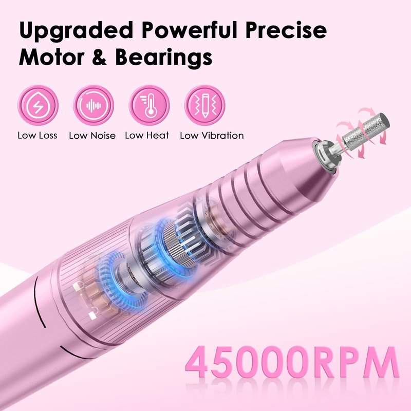 Professional Electric Nail Drill File, HUGMAPLE 45000RPM Portable E-File Machine with Bits & Base, Cordless Rechargeable Nail Drill Kit for Shaping, Removing & Polishing Gel Nails Salon Home (Purple)