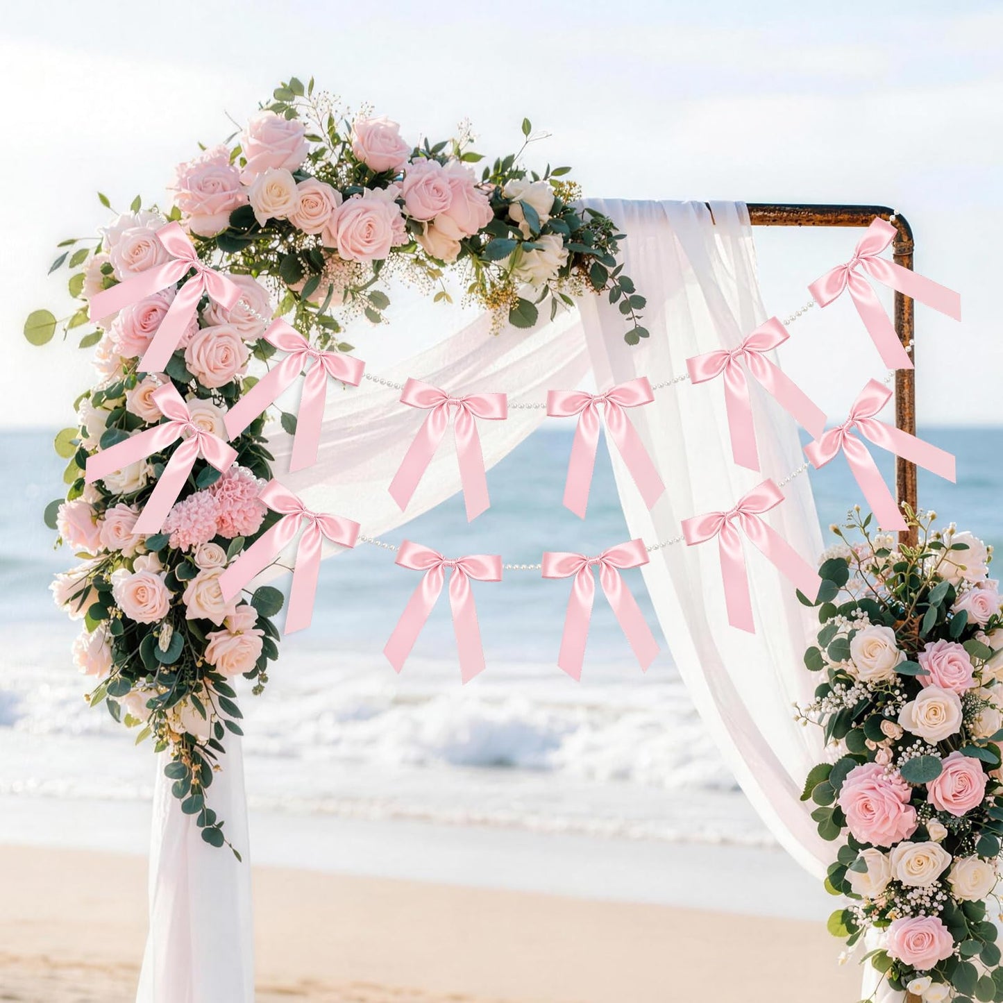 2 Strings Pink Bow Garland Banner, Pre-Strung Satin Ribbon with 6.5ft Pearl Chain for Coquette Birthday, Bridal Shower, Bachelorette Party, Baby Shower, Engagement, Graduation & Anniversary Decor