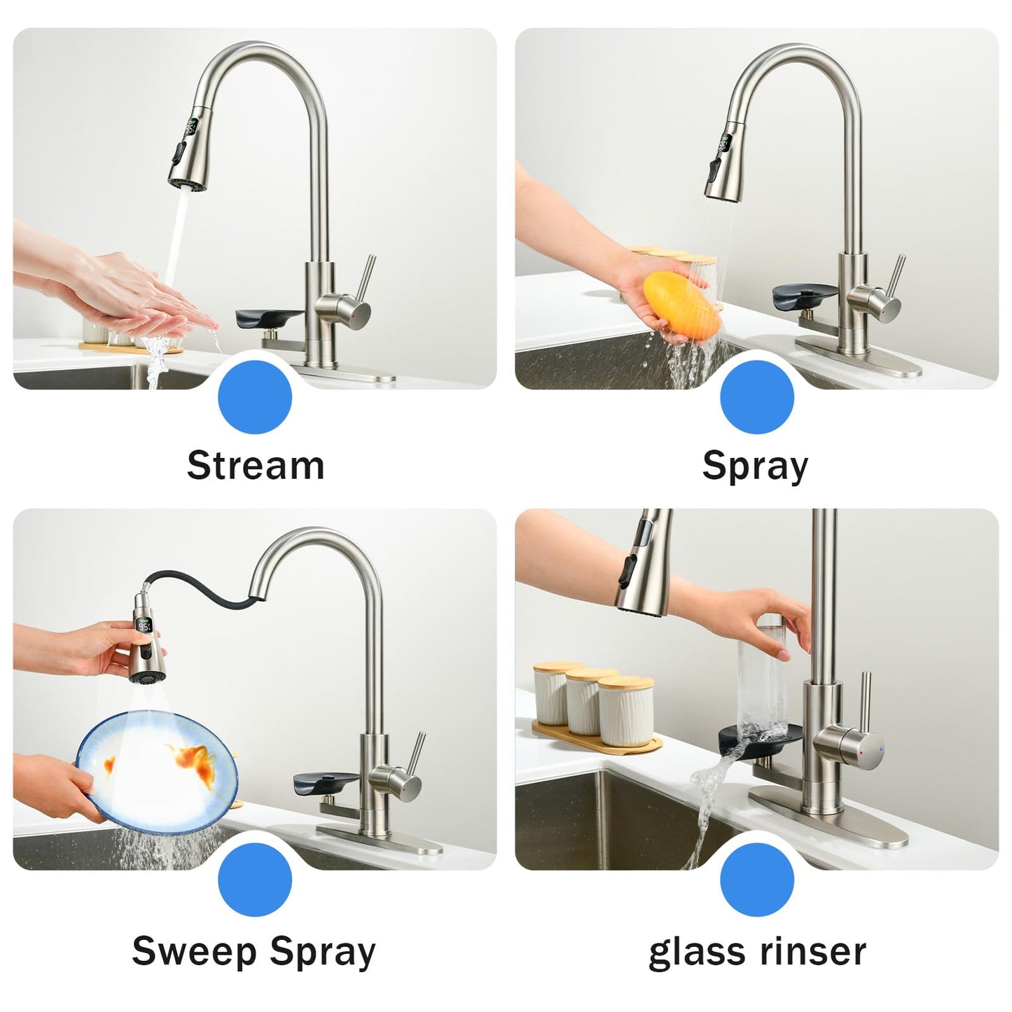 Kitchen Faucet with Glass Rinser, Pull Down Sink Faucet with 3 Spray Modes and High Pressure Glass Rinser, Temperature Display High Arc Stainless Steel Kitchen Faucets (Brushed Nickel)