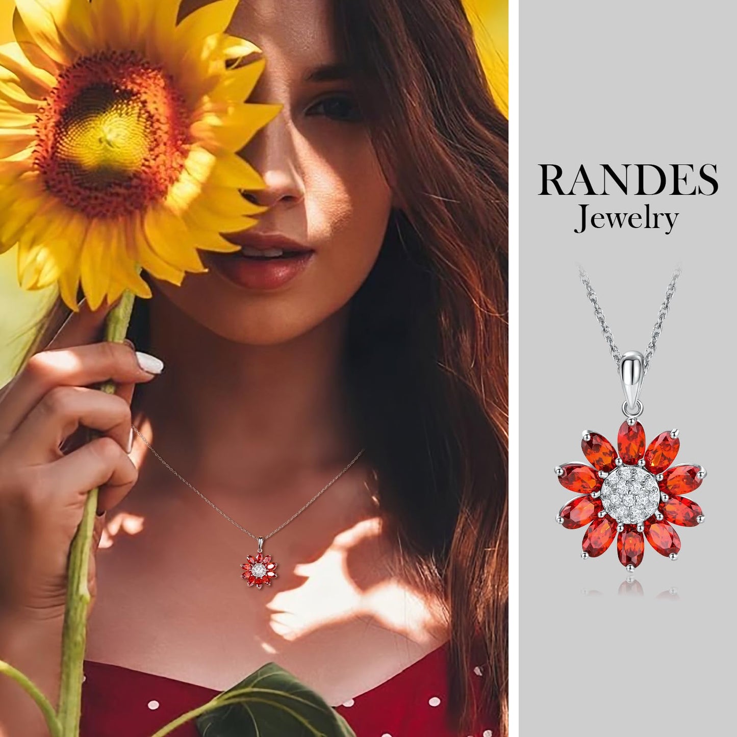 RANDES 925 Sterling Silver Sunflower Necklace Dainty Garnet Red Flower Necklaces for Women January Birthstone Necklace