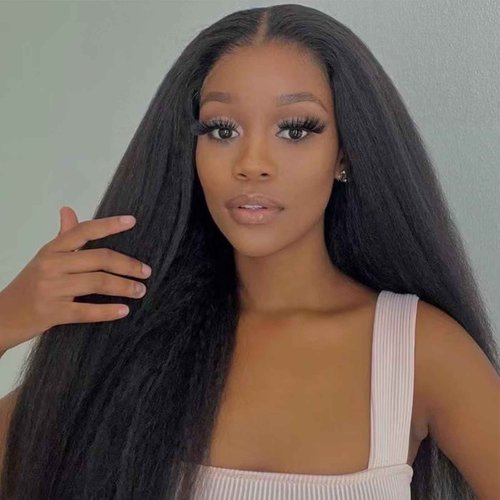 yuccy Kinky Straight Lace Front Wigs Human Hair Pre Plucked With Baby Hair 180% Density Yaki Straight 4x4 Transparent HD Glueless Lace Wig For Black Women