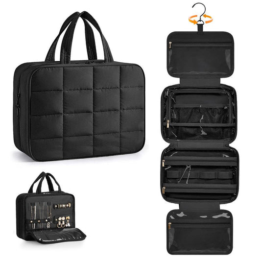 Manuqia Travel Toiletry Bag with Separate Jewelry Organizer, Water-resistant Makeup Bag with Hanging Hook, Large Capacity Travel Organizer for Toiletries, Cosmetic, Vacation Essentials - Large