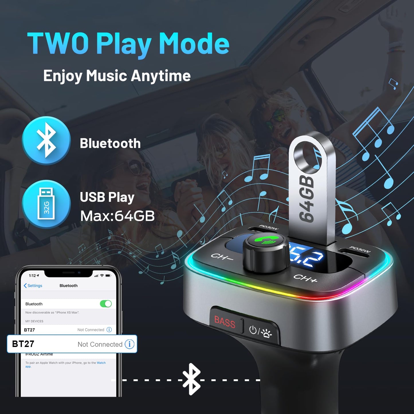 HUNDRUP Bluetooth 5.4 Car Adapter 60W Charging USB Bluetooth Adapter for Car,Wireless Fm Transmitter Radio,Handsfree Calling and Audio Receiver,HiFi Music Player,7 Colors LED Backlit