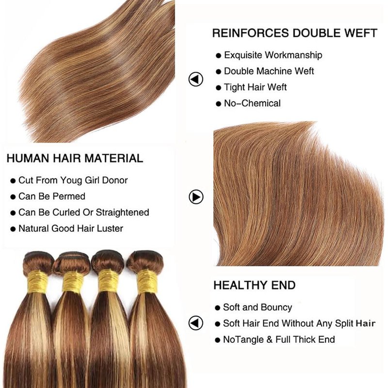Ombre Human Hair Bundles 4/27 Straight Bundles Honey Blonde Bundle 14 16 18 Inch Highlight Bundle Brazilian Virgin Remy Hair Extensions Soft And Healthy Salon Quality