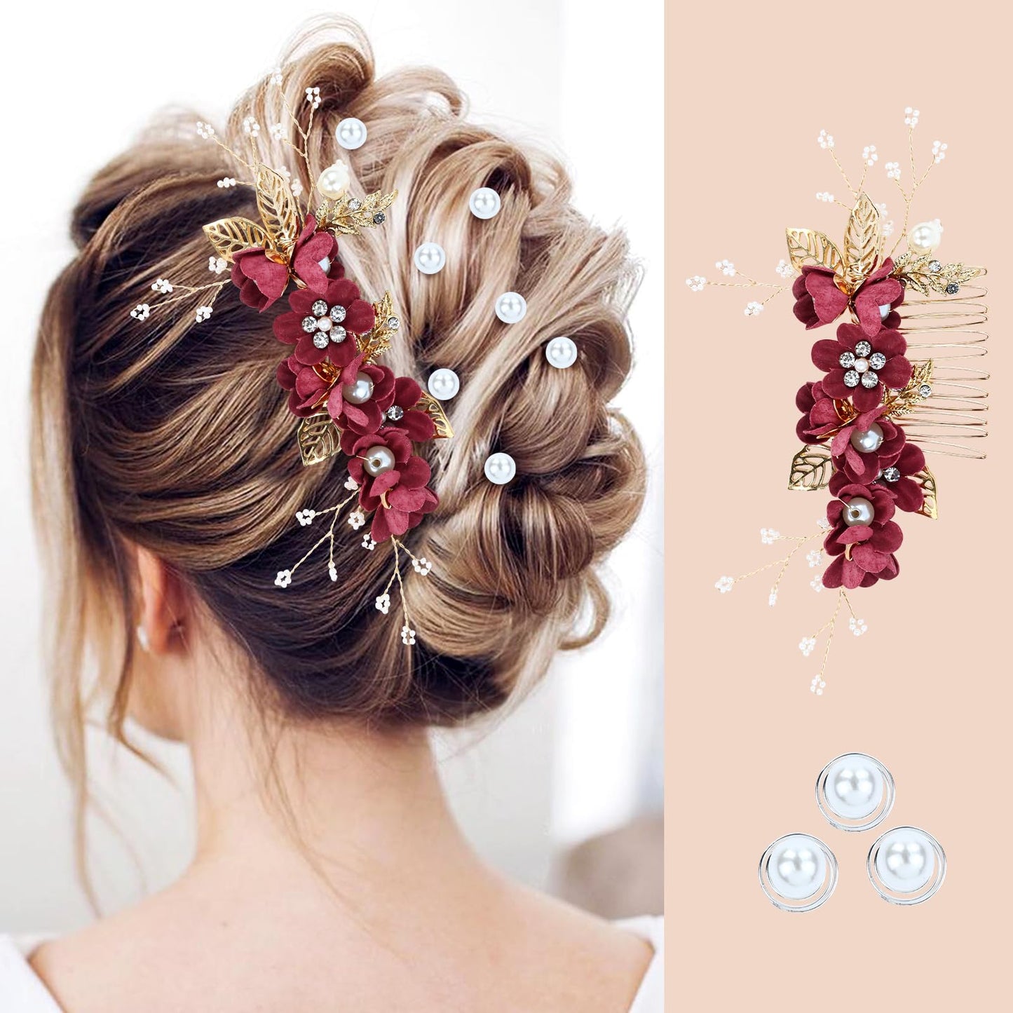inSowni 20 Pack Classic White Dusty Pink Blue Flower Bridal Wedding Hair Side Combs+U-shaped Flower Hair Pins+Twist Spiral Pearl Hair Pins Pieces Headpieces Accessories for Brides Bridesmaids Women