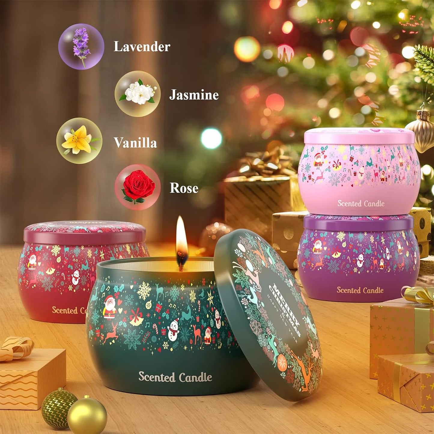 THAUSDAS Scented Candles Gift Set: 4 Pack 4.4 oz Aromatherapy Christmas Candles for Home Scented - 120H Burning Stress Relief Gifts for Women, Birthday, Mother's Day