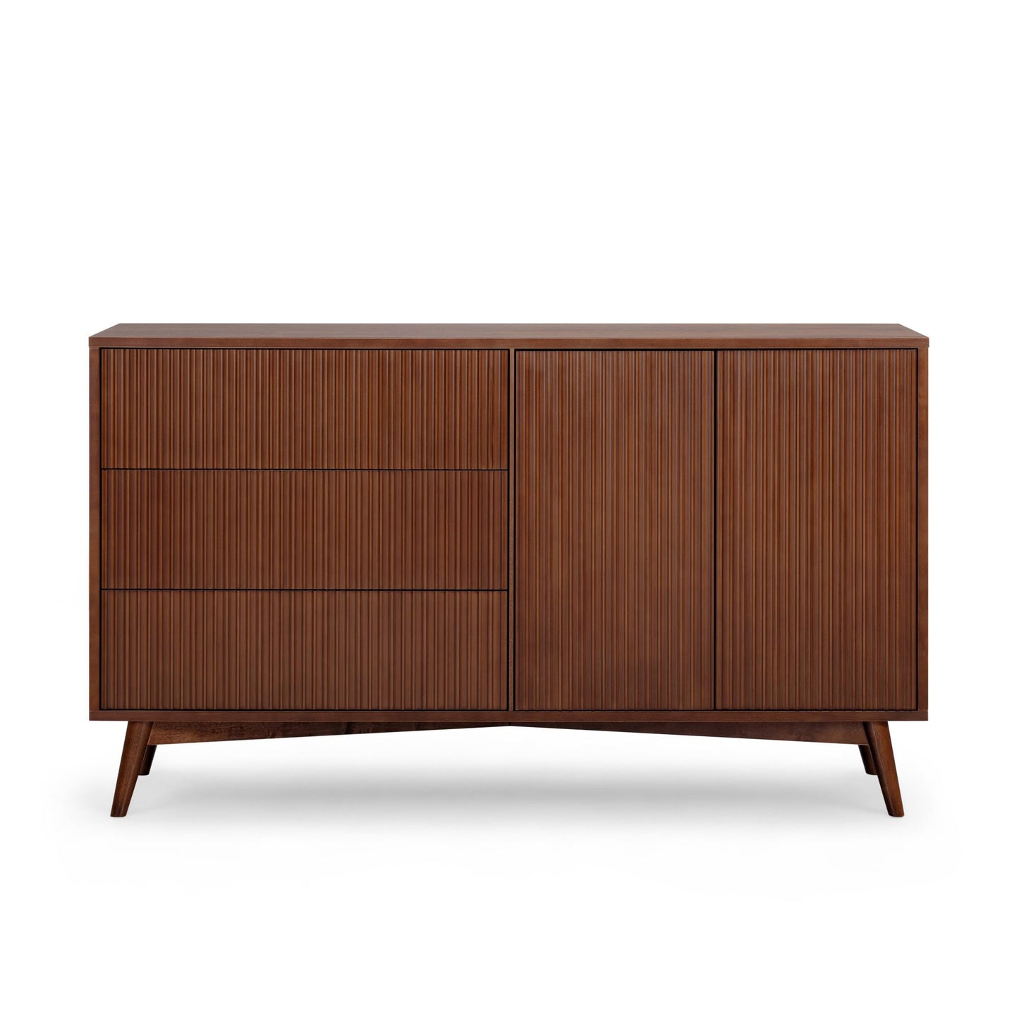 Teamson Home Tremolo 55″ Wide Sideboard Cabinet with 3 Deep Drawers & 2 Push-Open Doors, Adjustable Shelf & Solid Rubber Wood Feet, Fluted Fronts in Contemporary Style for Living, Dining Room, Walnut